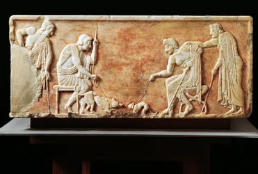 Stele, die einen Kampf zwischen Hund und Katze darstellt, 510 v. Chr. (Relief)