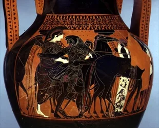 Schwarzfigurige Amphore mit einer Szene von Herakles, der Athena hilft (Detail), 6.-5. Jahrhundert v. Chr.
