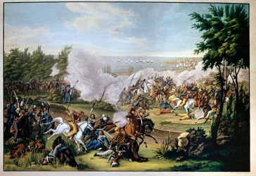 Schlacht von Missolonghi, Griechenland, 1822, verteidigt von Botzaris, der im Konflikt gegen die Türken von Omar Brionis stirbt (Sieg der Griechen) (Gravur)