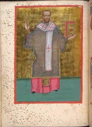 Egerton 2392, f.5v, Miniatur des stehenden Johannes Chrysostomos mit einem Buch, aus dem Leitourgikon mit Ordinationsgottesdiensten und Gebeten