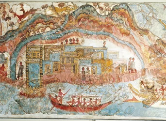 Fresko einer Schiffsprozession aus Akrotiri, Thera-Insel, Santorini, Griechenland (Detail)