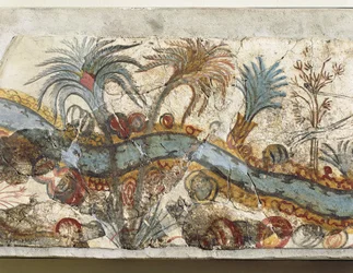Fresko mit Flusslandschaft aus Akrotiri, Insel Thera, Santorin, Griechenland, Detail