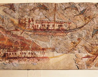 Fresko, das eine Schiffsprozession darstellt, aus Akrotiri, Thera-Insel, Santorini, Griechenland (Detail)