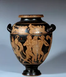 Griechische Kunst: attische Stamnos in Keramik mit roten Figuren. Dionysische Szene