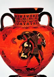Griechische Zivilisation, 6. Jahrhundert v. Chr. Schwarzfigurige Keramik. Amphore mit der Darstellung von Ajax, der den Leichnam des Achilles trägt.