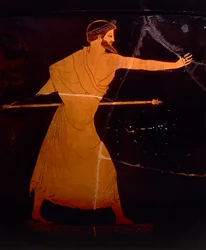 Griechische Zivilisation, rotfigurige Keramik. Attischer Krater, der Zeus darstellt, zugeschrieben dem Berliner Maler. (Detail)