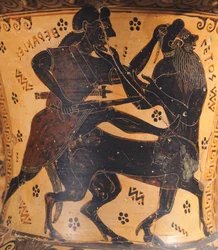 Amphora, zugeschrieben dem Maler von Nettos, schwarzfigurige Keramik, Detail zeigt Herkules und Zentaur, griechische Zivilisation, 7. Jahrhundert v. Chr.
