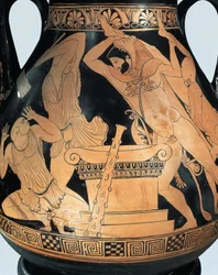 Attische Pelike, die Herakles zeigt, wie er König Busiris und ägyptische Priester tötet, von Pan Painter