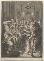 Christus wäscht seinen Jüngern die Füße, aus der Passion Christi, Tafel 4