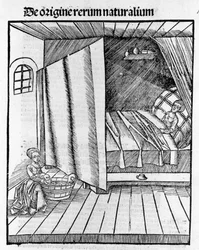 Eine Hebamme reinigt das neugeborene Baby, während die Mutter sich ausruht. Gravur in „Margarita Philosophica“ von Gregor Reisch (1467-1525), Basel