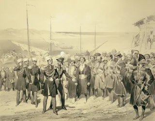 Landung eines Militärführers in Redout-Kale am Schwarzen Meer, Tafel 5 aus einem Buch über den Kaukasus, gestochen von Adolphe Jean-Baptiste Bayot (1810-66), veröffentlicht von Alfred Léon Lemercier, Paris, 1847