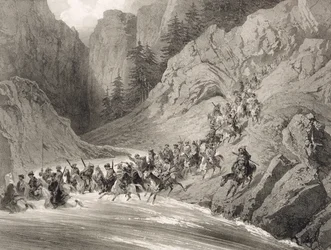 Tcherkersseians auf einem Überfall in der Nähe des Schwarzen Meeres, Tafel 4, aus einem Buch über den Kaukasus, graviert von Eugene Ciceri und Adolphe Jean-Baptiste Bayot, veröffentlicht von Alfred Leon Lemercier