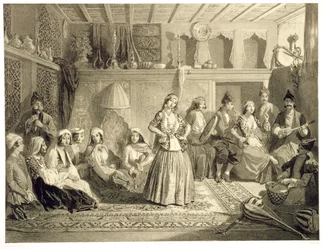 Ruheraum in der Nähe der Bäder von Shemakha, auf der Shirvanskaya Steppe, Tafel 40 aus einem Buch über den Kaukasus, graviert von Charles Claude Bachelier und Adolphe Bayot, veröffentlicht von Alfred Leon Lemerci