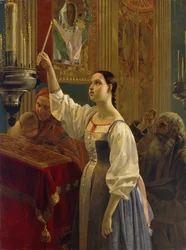 Ein Mädchen stellt eine Kerze vor das Ikone, 1842