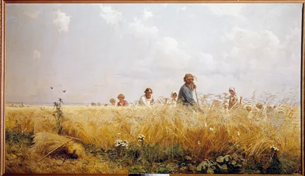 Ernte. Russische Bauern mähen das Getreide