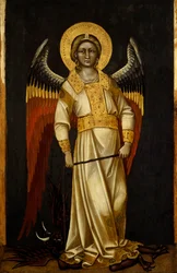 Engel mit Dämon an der Kette, Tempera auf Holz, circa 1354