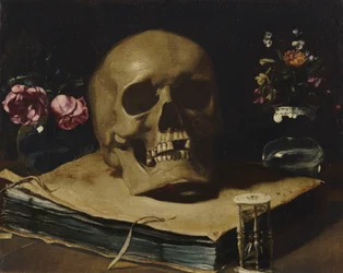 Guercino - Ein Vanitas-Stillleben mit einem Schädel auf einem Buch, einer Sanduhr und zwei Glasvasen mit Blumen