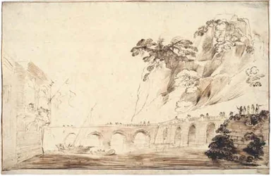 Landschaft mit einem Fluss, der von einer Brücke überquert wird, gesäumt von Zuschauern, die zu einem Gebäude mit einer überhängenden Loggia mit einer Gruppe von Zuschauern führt