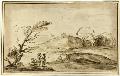 Zwei Gruppen von Figuren in einer Landschaft