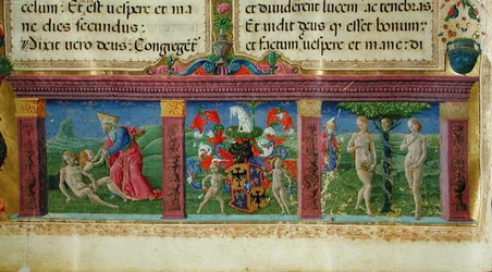 Die Schöpfung und Versuchung von Adam und Eva mit dem Wappen des Hauses Este, aus der Bible des Chartreux