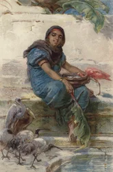 Die heiligen Vögel füttern (Farblithografie)