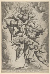 Eine Gruppe von Engeln, die sich im Flug umarmen, umrahmt von Wolken