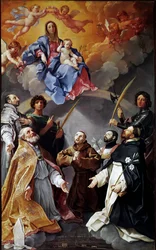 Pestaltar: Jungfrau mit Kind mit dem heiligen Petronius, dem heiligen Franziskus, dem heiligen Ignatius, dem heiligen Franz Xaver, Proculus von Bologna und Florian