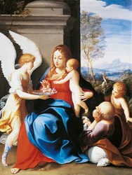 Heilige Familie von Engeln bedient, von Guido Reni (1575-1642)