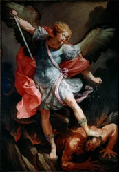 Der Erzengel Michael zertritt den Kopf des Dämons