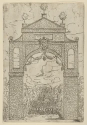 Triumphbogen bedeckt mit Laub und berittenen Truppen darunter, eine temporäre Dekoration für die Feierlichkeiten, 1599