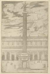 Triumphsäule mit weiblicher Figur des Ruhms, die eine Trompete hält, eine temporäre Dekoration, 1598