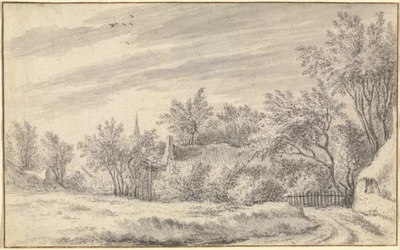 Dorfweg mit Kirchturm in der Ferne