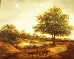 Eine bewaldete Landschaft mit Reisenden auf einem Pfad, eine Hütte dahinter