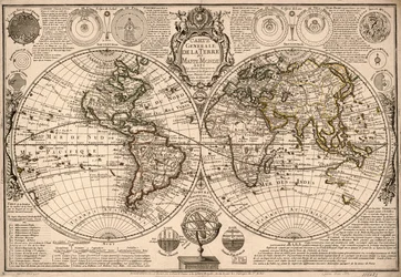Allgemeine Karte der Erde - oder Weltkarte mit den vier Hauptsystemen und den Figuren der sieben Planeten