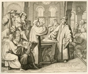 Luther und Ulrich Zwingli (1494-1531) diskutieren über das Sakrament und kommen zu keiner Einigung, in Marburg 1529