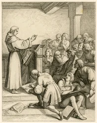 Martin Luther hält Vorlesungen an der Universität Wittenberg, vor ihm der Vizekanzler Dr. Pollich und sein väterlicher Freund Johann von Staupitz (1460-1524)