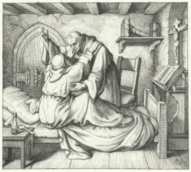 Martin Luther wird von einem Mitmönch während seiner geistigen Qual im Kloster getröstet (Stich)