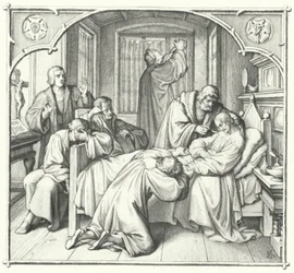 Martin Luther betet am Sterbebett von Philipp Melanchthon (Gravur)