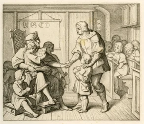 Martin Luthers Einschreibung in die Schule in Mansfeld, in dieser Illustration zusammen mit seinem Vater Hans