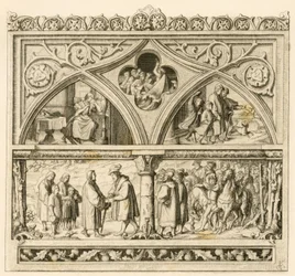 Die Reise von Martin Luther zum Grafen Mansfeld (Hoyer VI. von Mansfeld-Vorderort (1477-1540); Bild oben links: die traurige Katharina, in der Mitte: der wütende Saale-Fluss, rechts: Luther zusammen mit seinen Söhnen. Bild unten: Luther und Graf