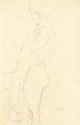 Stehender Akt links, hält ein Handtuch an den Körper, 1917
