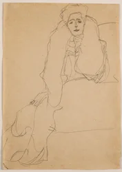 Sitzend nach links, den Oberkörper nach vorne, die Linke aufgestützt, 1904-1905