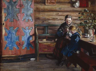 Bauernhofinterieur mit Enkelin