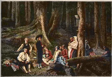 Die Pilger der Abtei von St. Odile - Die Pilger der Abtei von Sainte-Odile (Sainte Odile - Schutzpatronin des Elsass) Gravur von Gustave Brion (1824-77)