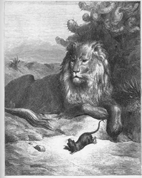 Der Löwe und die Ratte - aus „Fabeln“ von Jean de La Fontaine (Lafontaine) (1621-95) - Stich nach Gustave Doré (1832-83) - Privatsammlung