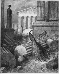 Der Pfau beklagt sich bei Juno - aus den „Fabeln“ von Jean de La Fontaine (Lafontaine) (1621-95) - Stich nach Gustave Doré (1832-83) - Privatsammlung