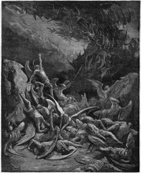 Das verlorene Paradies: Die gefallenen Engel. Nach der Zeichnung von Gustave Doré, die „Das verlorene Paradies“ von John Milton (1608-1674), englischer Dichter, illustriert. Gravur von 1867. Private Sammlung.