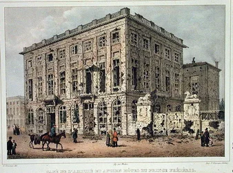 Das Cafe Amitie und das Alte Hotel du Prince Frederic, Brüssel, nach den Kämpfen vom 23.-26. September 1830, graviert von Jean Baptiste Madou