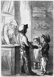 Gavroche gibt Kindern Brot - in „Les Misérables“ von Victor Hugo, ill. von Brion, ed. Hetzel und Lacroix