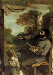 Das Atelier des Malers. Allegorie Reelle, die eine siebenjährige Phase meines künstlerischen Lebens (und moralischen) bestimmt. Detail (darstellend) der Maler bewundert von einem Kind, das die Unschuld der Jugend symbolisiert. Gemälde von Gustave Courbet (